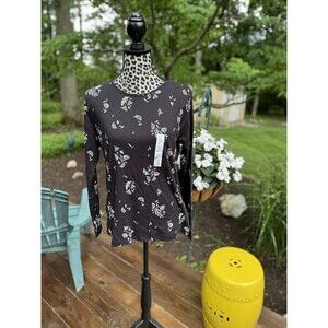 New Croft & Barrow Crew neck long sleeve Floral 100% cotton Tee top L Black